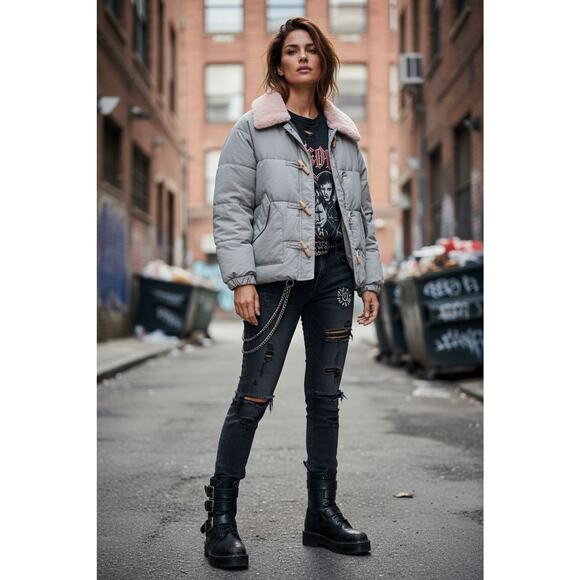 Quilted Puffer Cropped Jacket Sz M Light Sage Green Toggle Buttons Fleece Collar - Picture 4 of 16